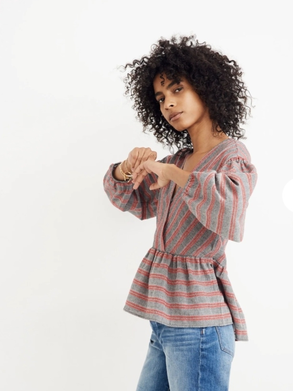 Madewell Striped Bubble-Sleeve Peplum Top